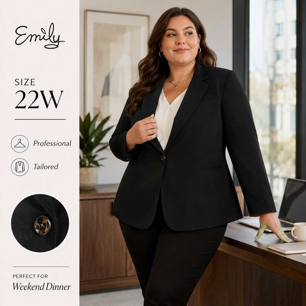 Emily Blazer Women 22W Black Solid Single Button Professional Modern Workwear